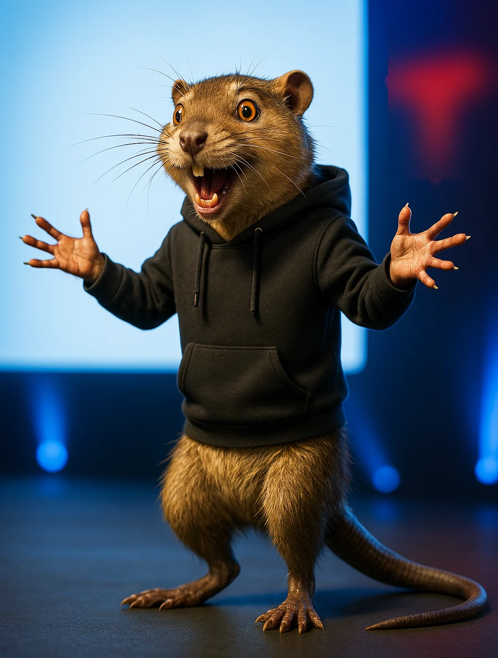 Elon Muskrat, a muskrat in a black hoodie, mid-announcement on a keynote stage with his arms spread and his eyes slightly too wide.